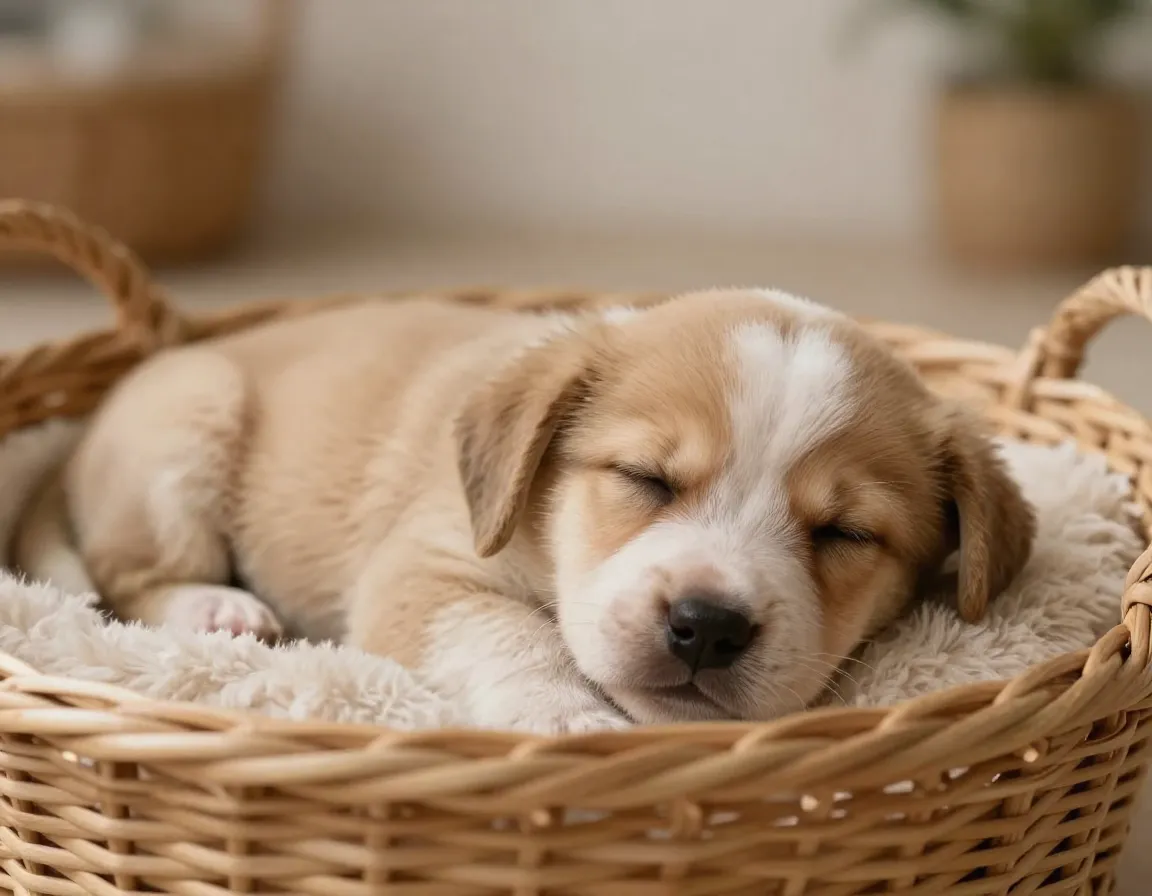 A single sleeping puppy in a cozy basket serene scene