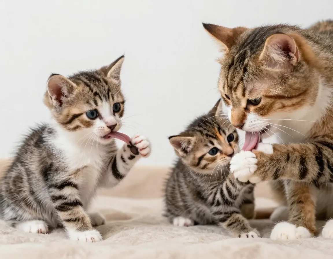 Mother cat demonstrating grooming to a curious three week old kitten