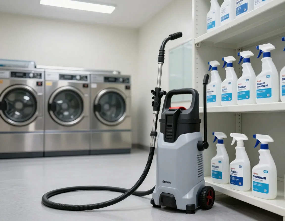 Pressure washer and pet safe disinfectants in boarding facility storage room