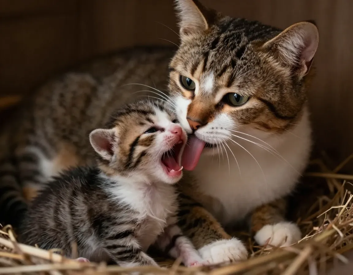 Mother cat comforting a single crying kitten with focused attention and warmth