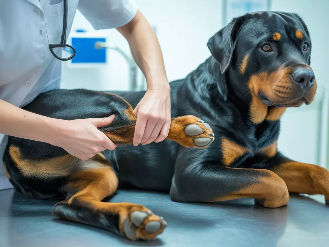 Veterinarian examining a healthy rottweilers hip joint