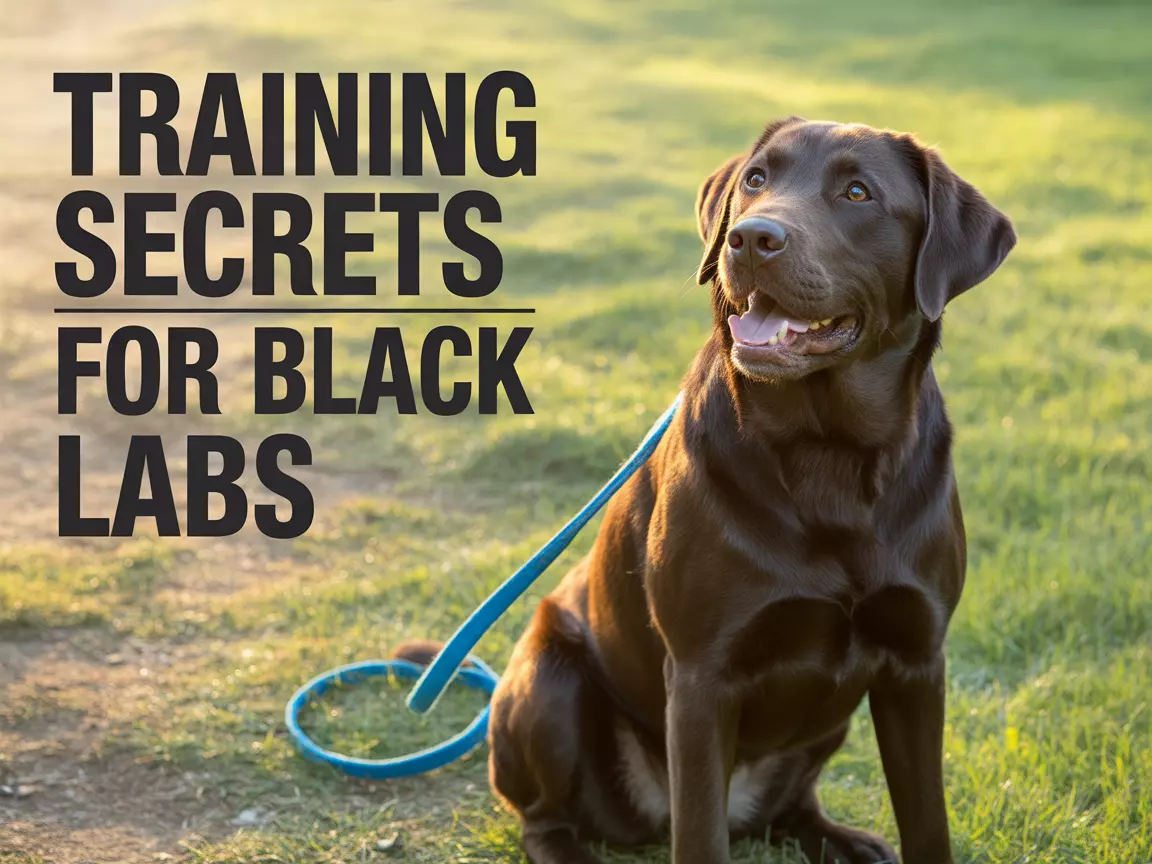 Focused black labrador retriever with training leash in sunny background