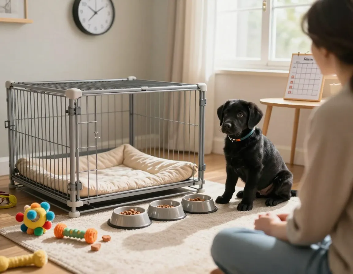 Black lab puppy daily routine crate meals toys schedule