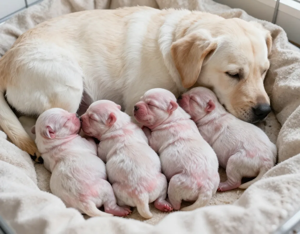 Newborn puppy sleeping huddle with mother in nest