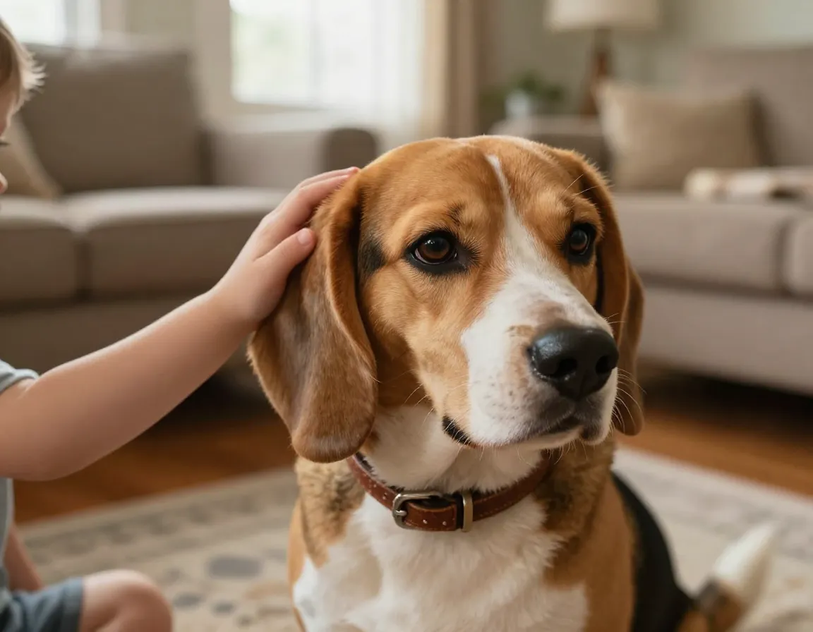 Adult beagle with known gentle temperament in a family home setting
