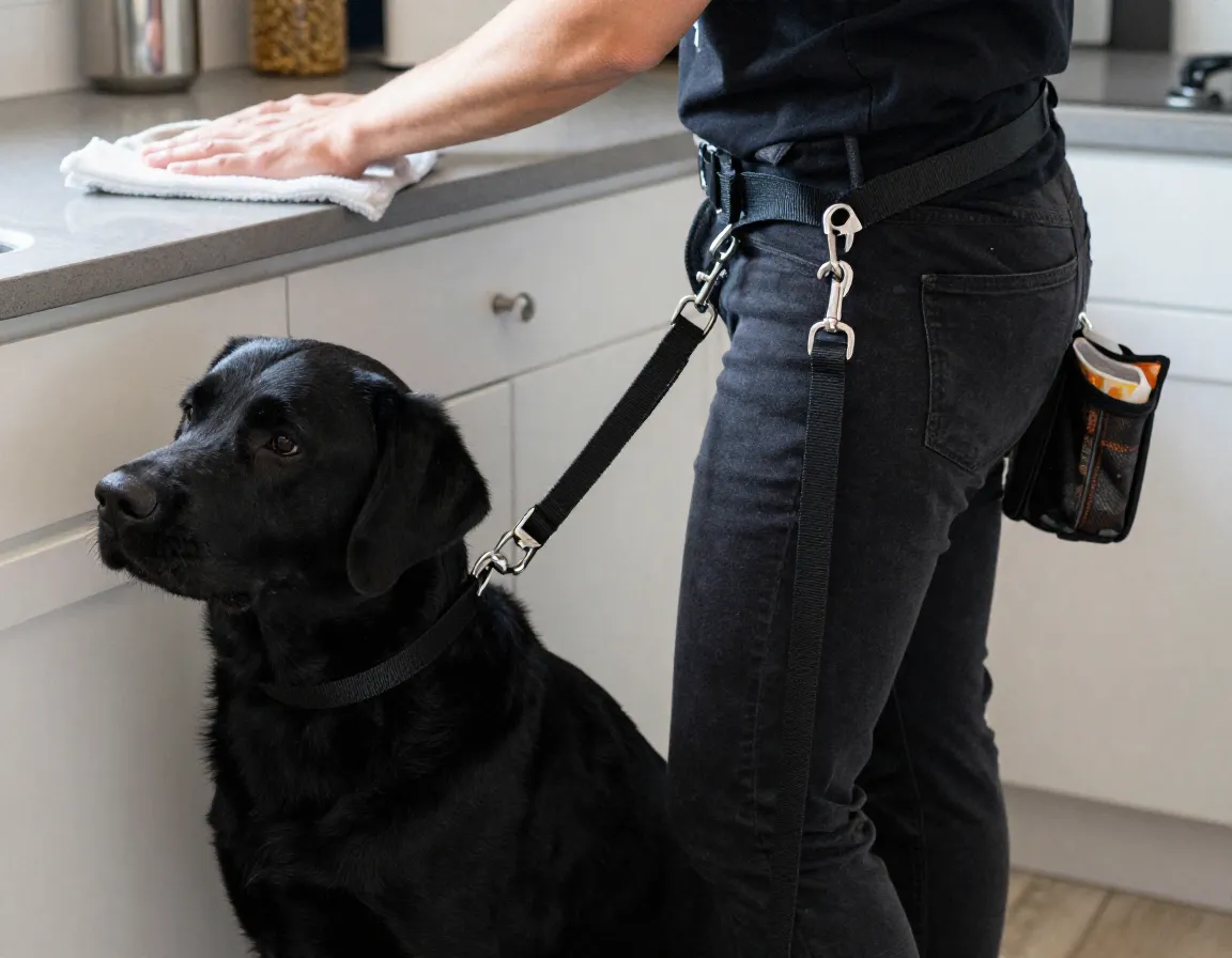 Black lab on waist leash following daily household activities