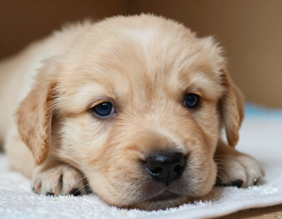 Single puppy opening its eyes for the first time