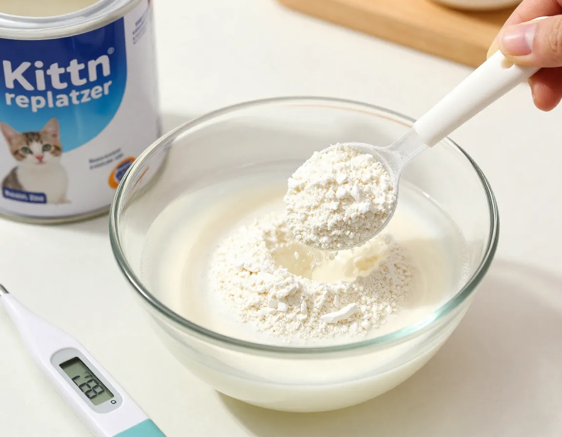 Kitten milk replacer powder mixed with warm water in bowl