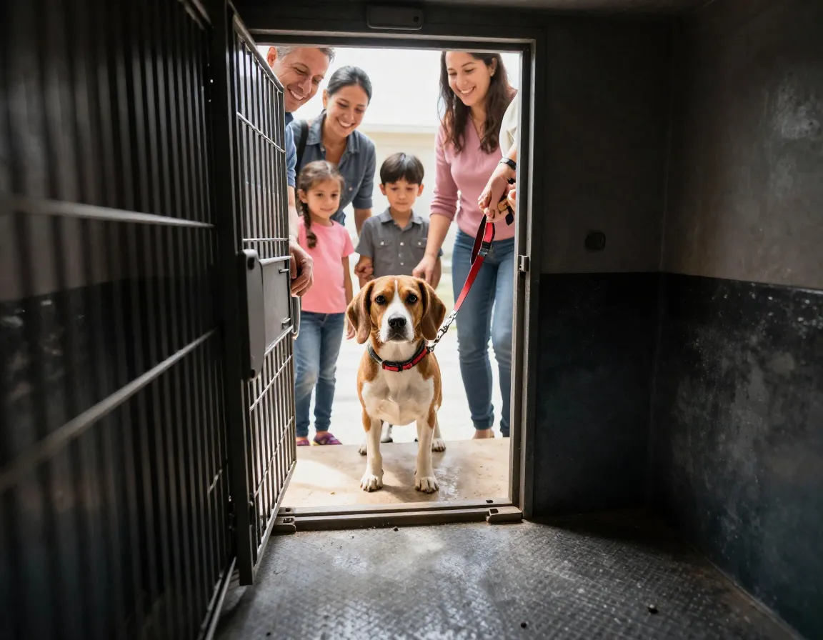 Rescued beagle leaving shelter crate for new life with adoptive family