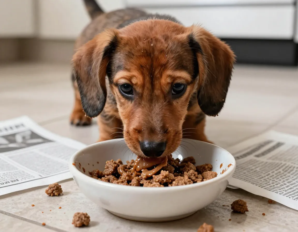 Messy puppy eating solid food from bowl
