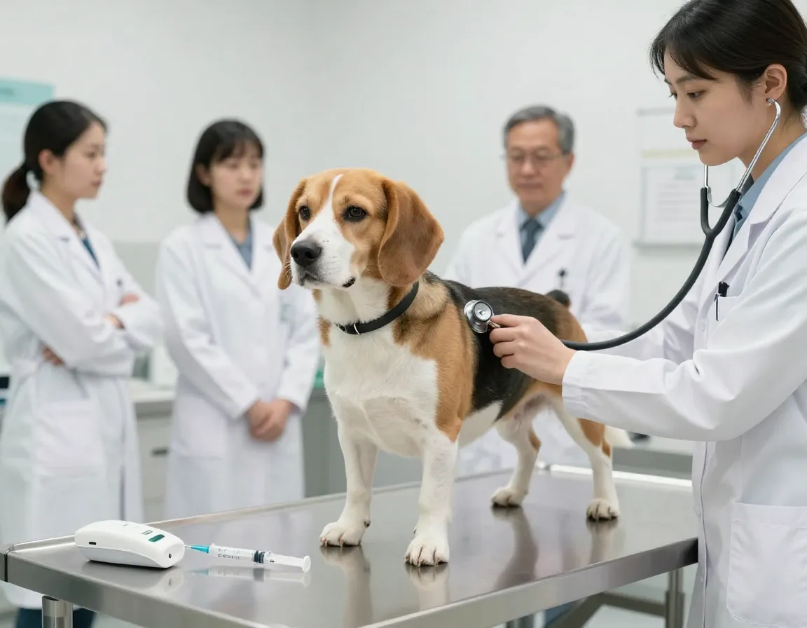 Veterinary examination of an adopted beagle receiving comprehensive health check