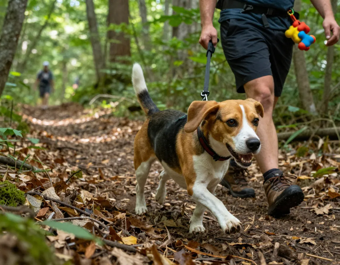 Beagle requiring significant daily exercise on a long hiking trail adventure