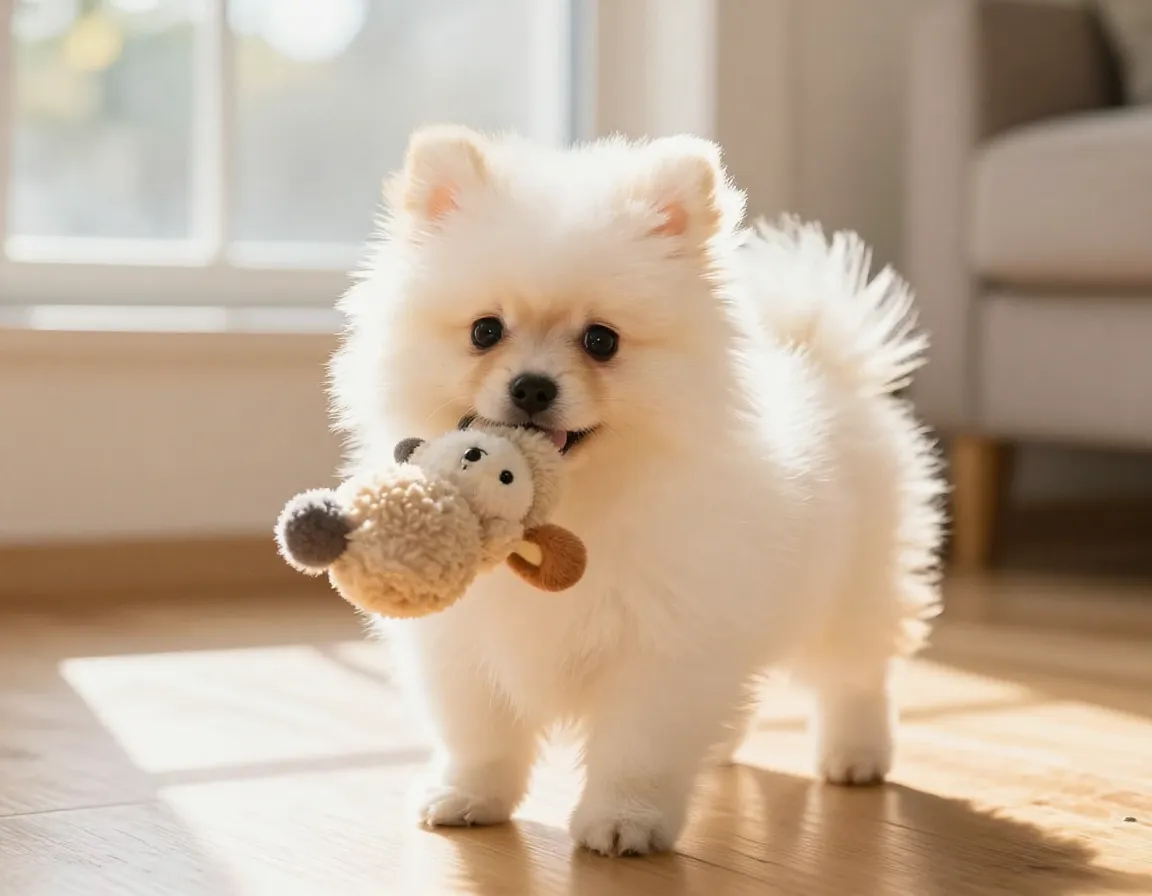 Fluffy puppy playing with toy in sunlight