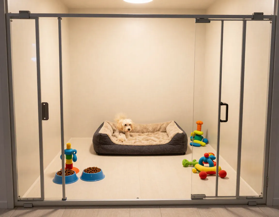 Clean individual dog suite with enrichment toys and comfortable bedding