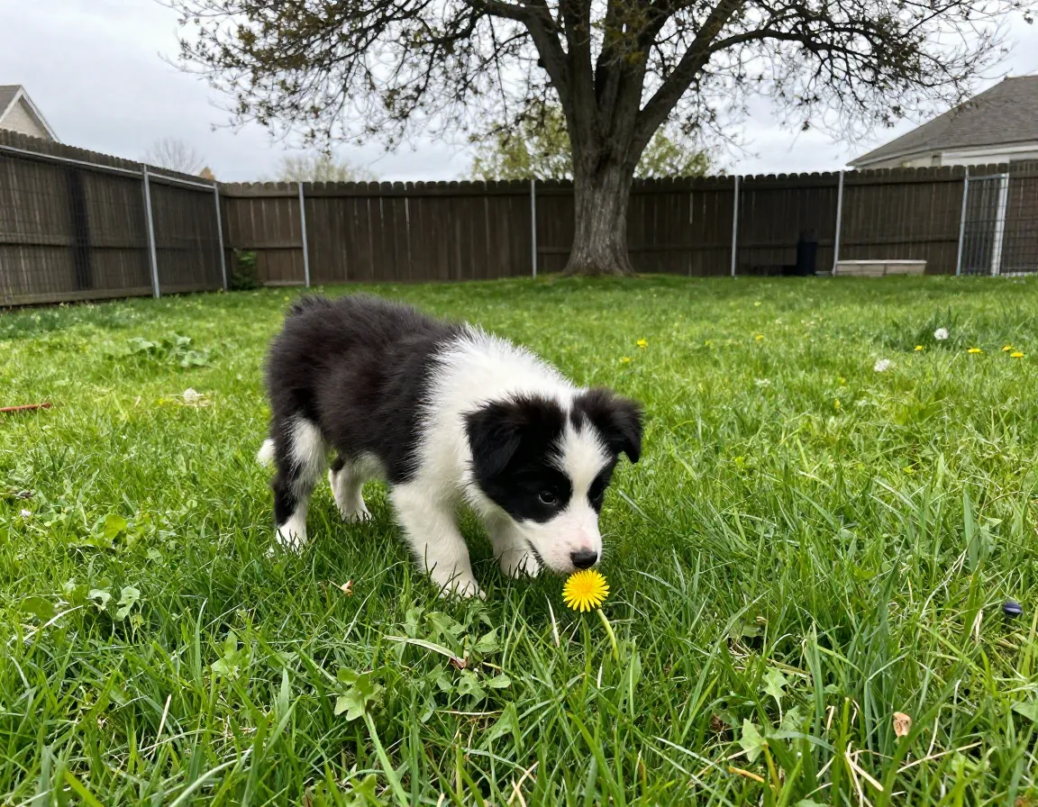 Puppy exploring grass for first time outdoors