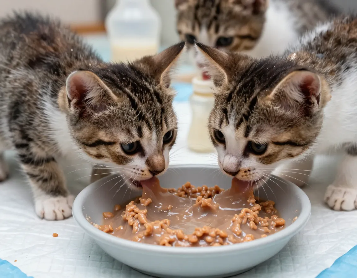 Three week old kitten lapping wet food and milk replacer gruel