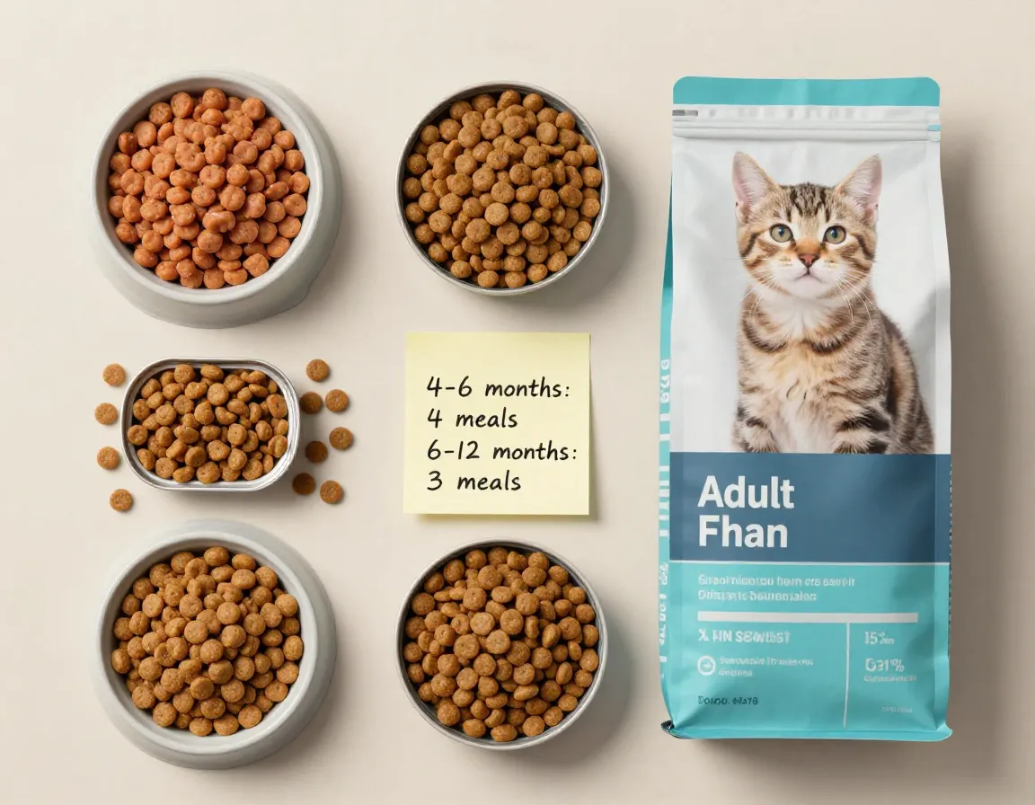 Array of kitten wet food dry kibble and adult cat food