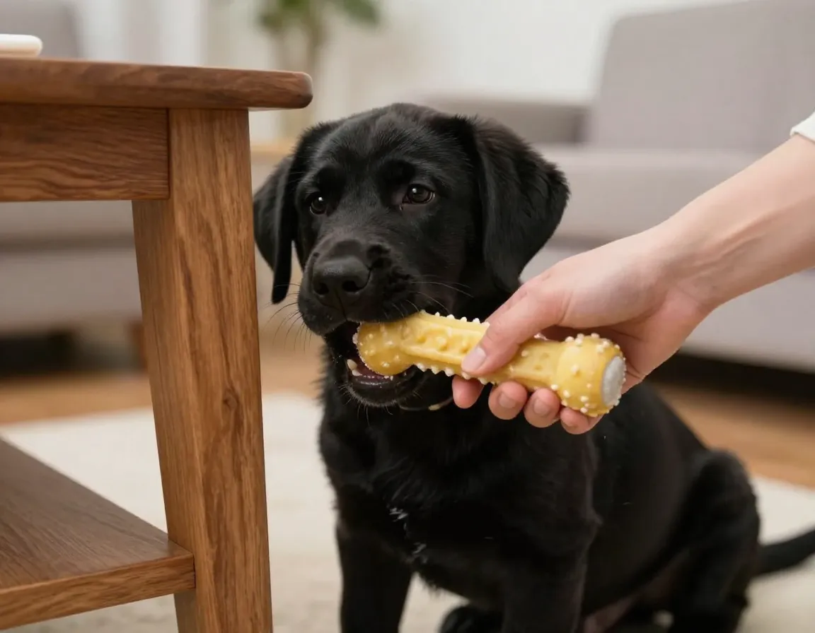 Black lab redirection from chewing to appropriate toy