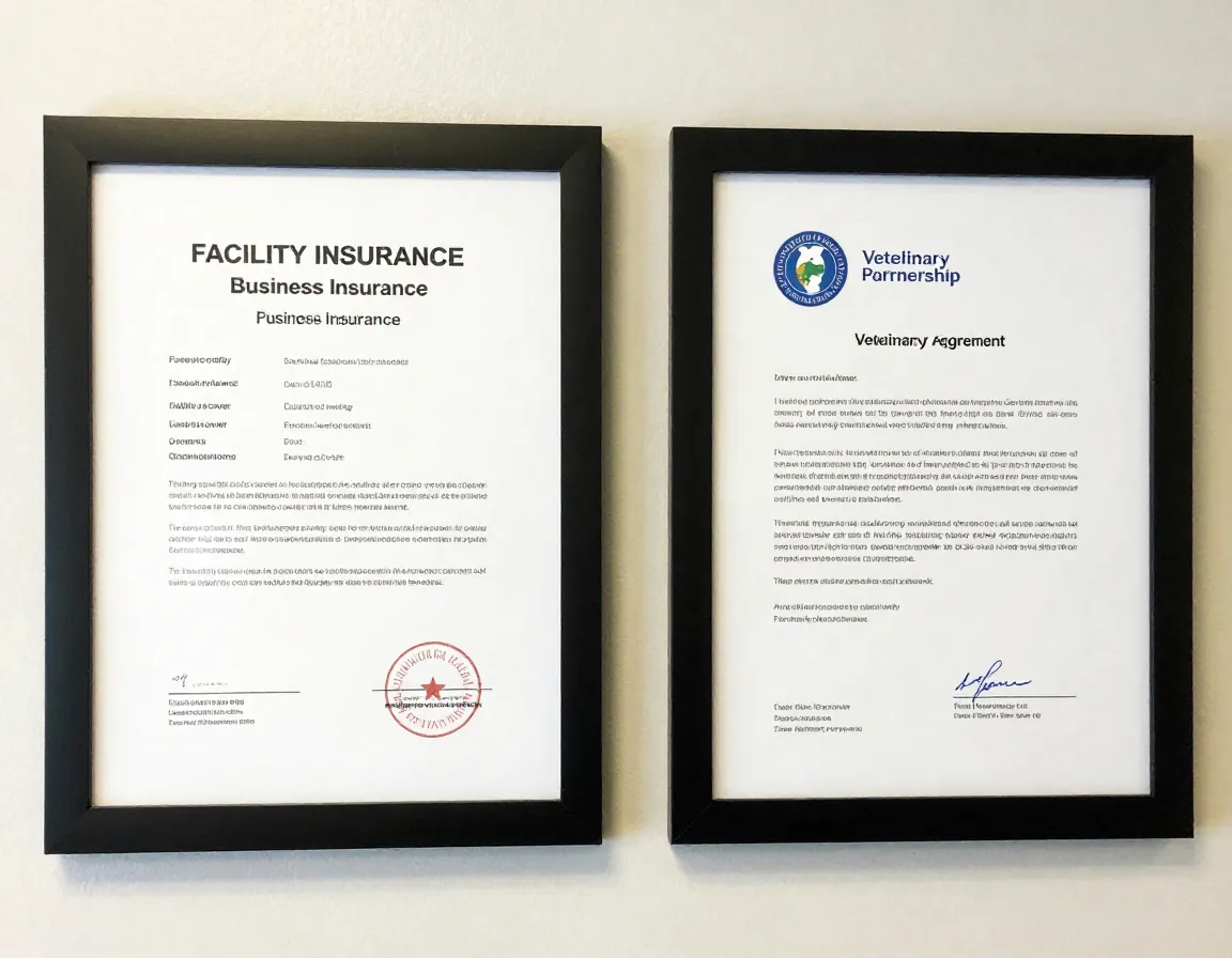 Facility insurance certificates and veterinary partnership agreement displayed