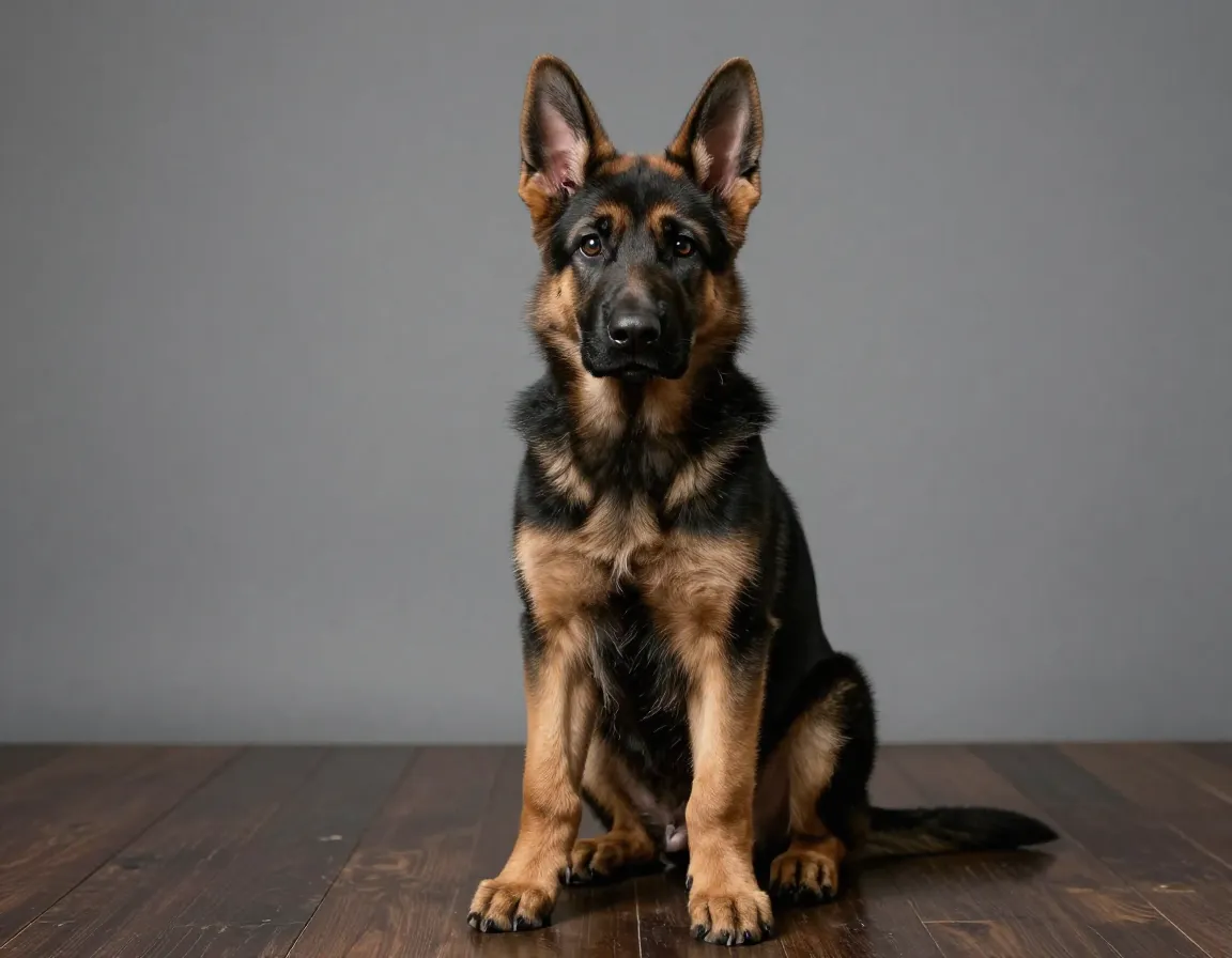 Adolescent puppy in formal portrait pose indoors
