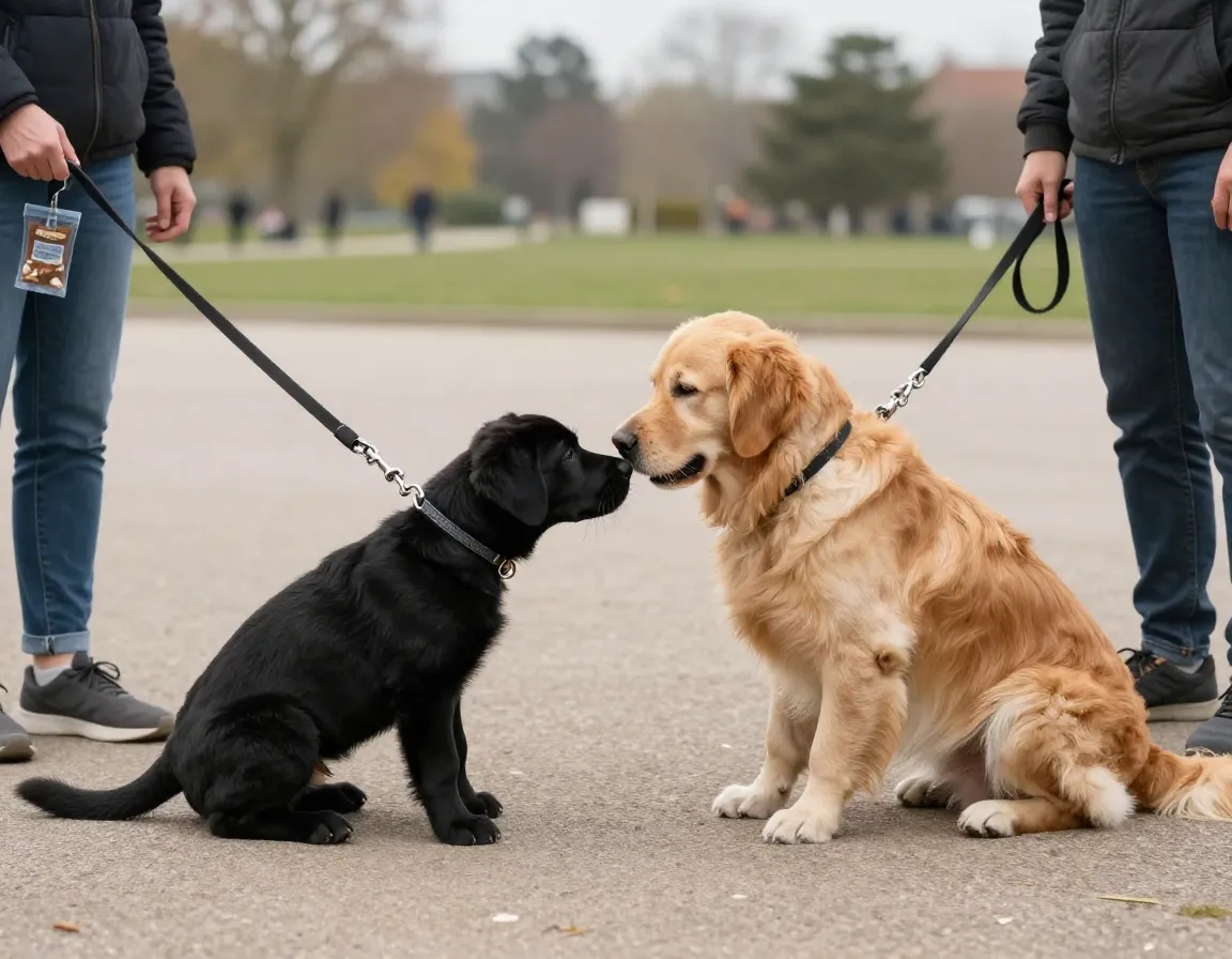 Black lab socialization with calm dog neutral park