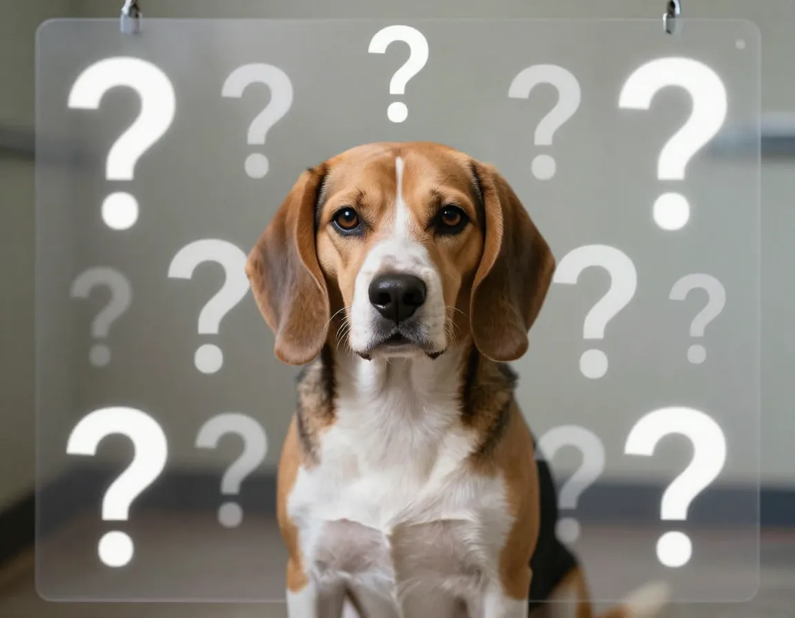 Shelter beagle with unknown background history behind informational question marks