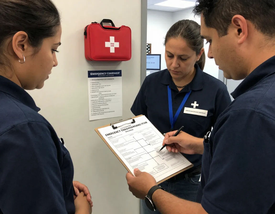Staff reviewing emergency evacuation plan with veterinary clinic contact