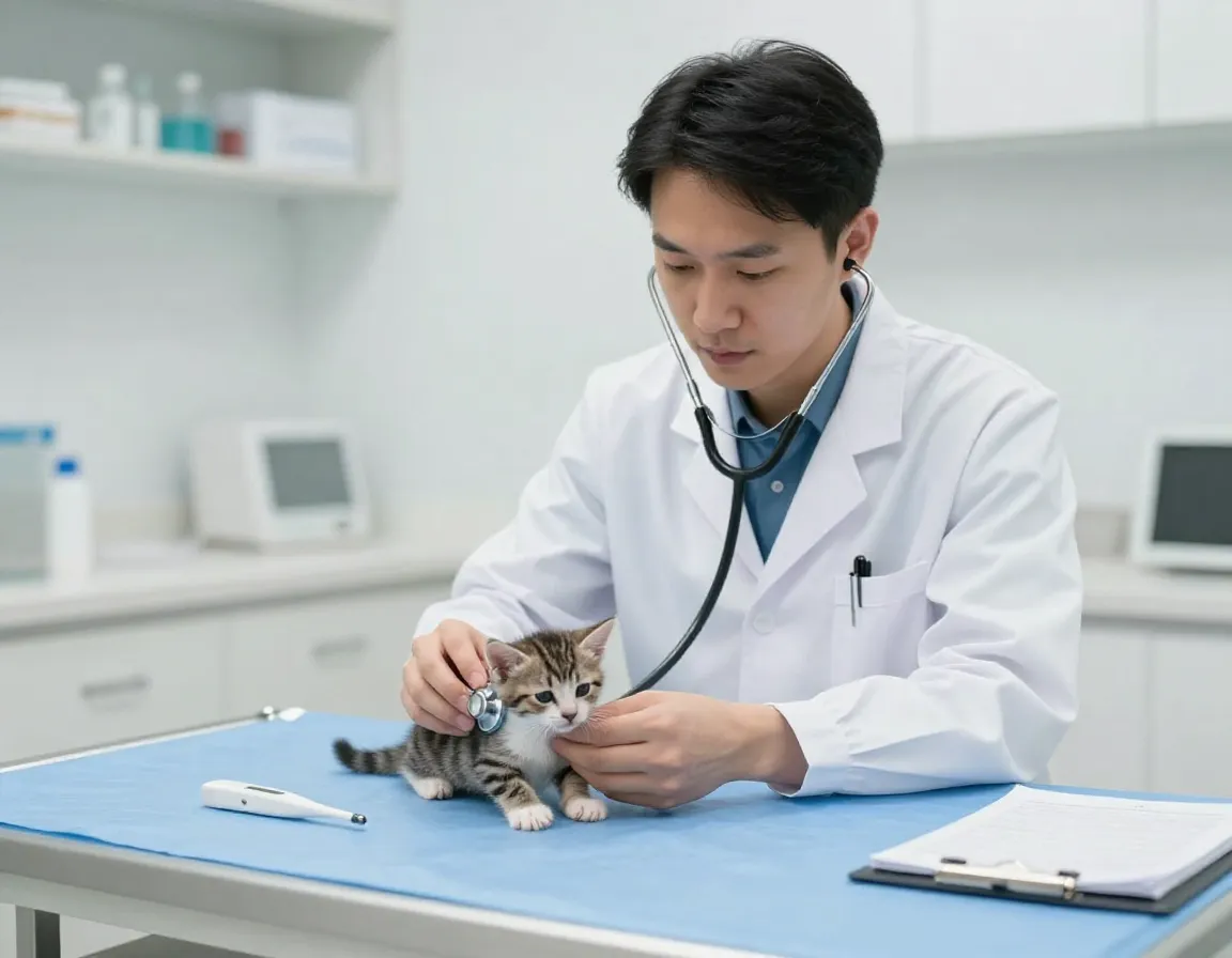 Veterinarian examining a newborn kitten on an examination table