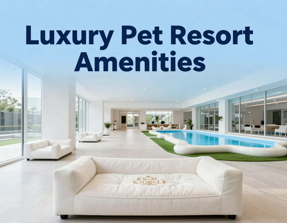 Luxury pet resort interior with bone pool and dog bed
