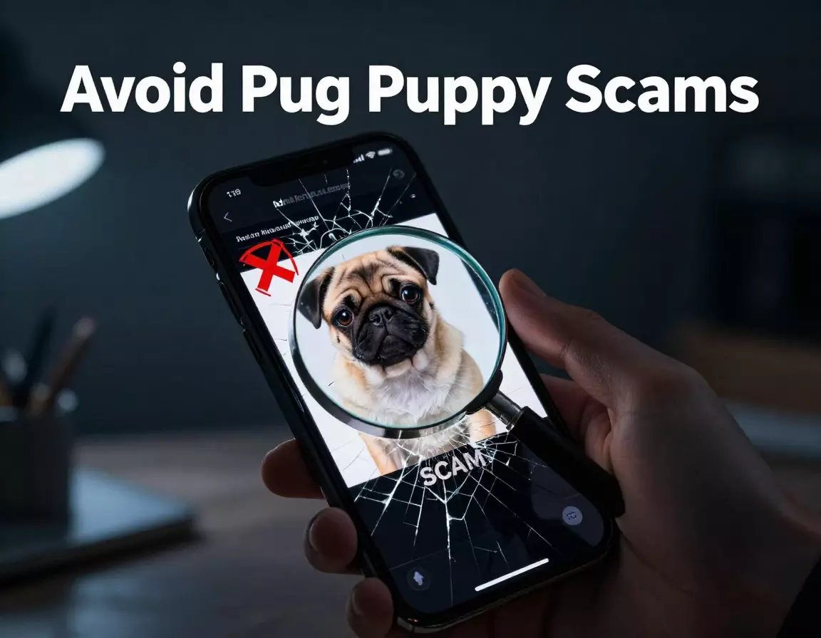 Phone screen fake pug ad magnifying glass reveals scam text shadowy reflection
