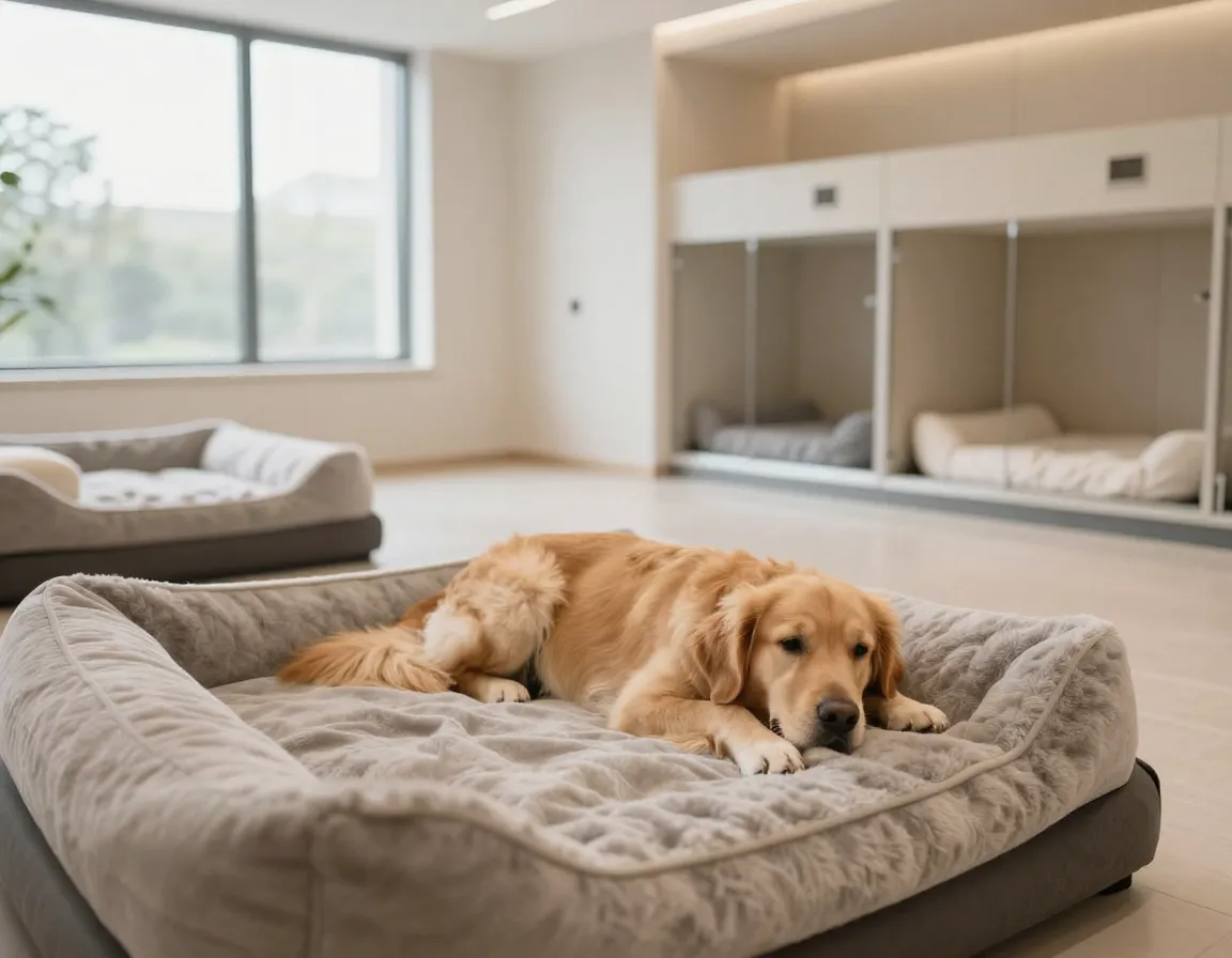 Luxurious indoor climate controlled pet suite with premium bedding and natural lighting