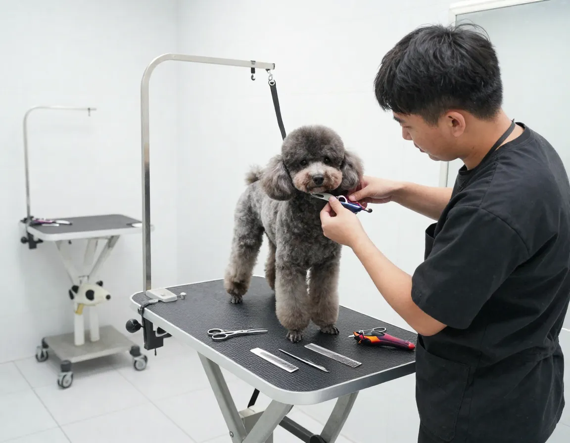 Professional groomer providing a breed specific haircut to a poodle in a salon