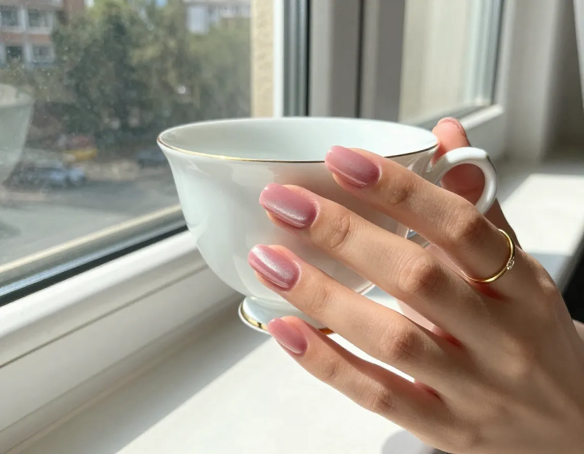 Soft rose pink cat eye nail art in feminine everyday setting