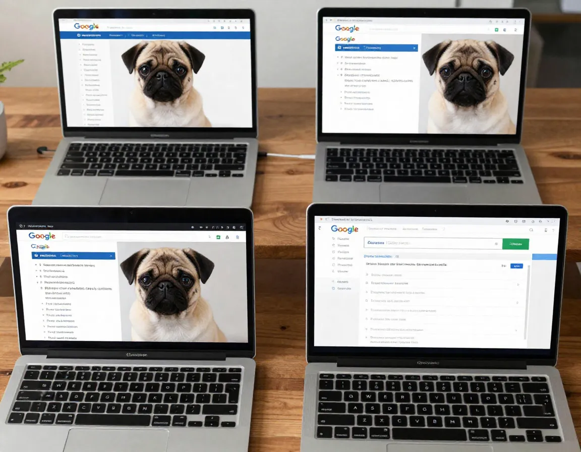 Two laptops showing duplicate pug photo in reverse image search