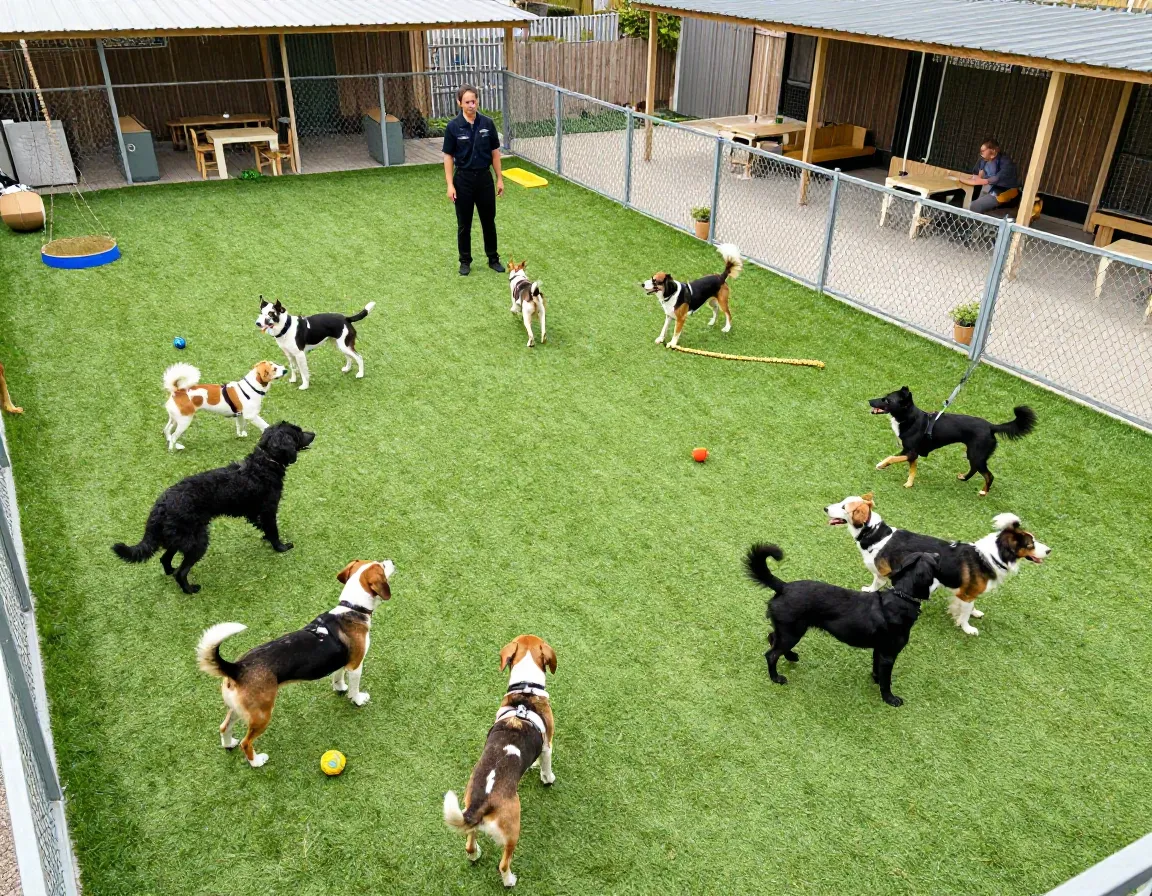 Group of dogs engaged in supervised structured play session in a daycare yard