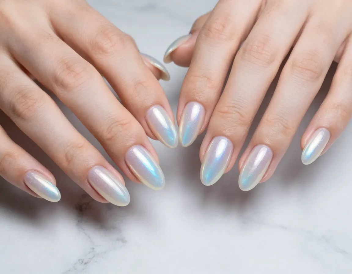 Iridescent pearl cat eye nails with opalescent shimmer effect