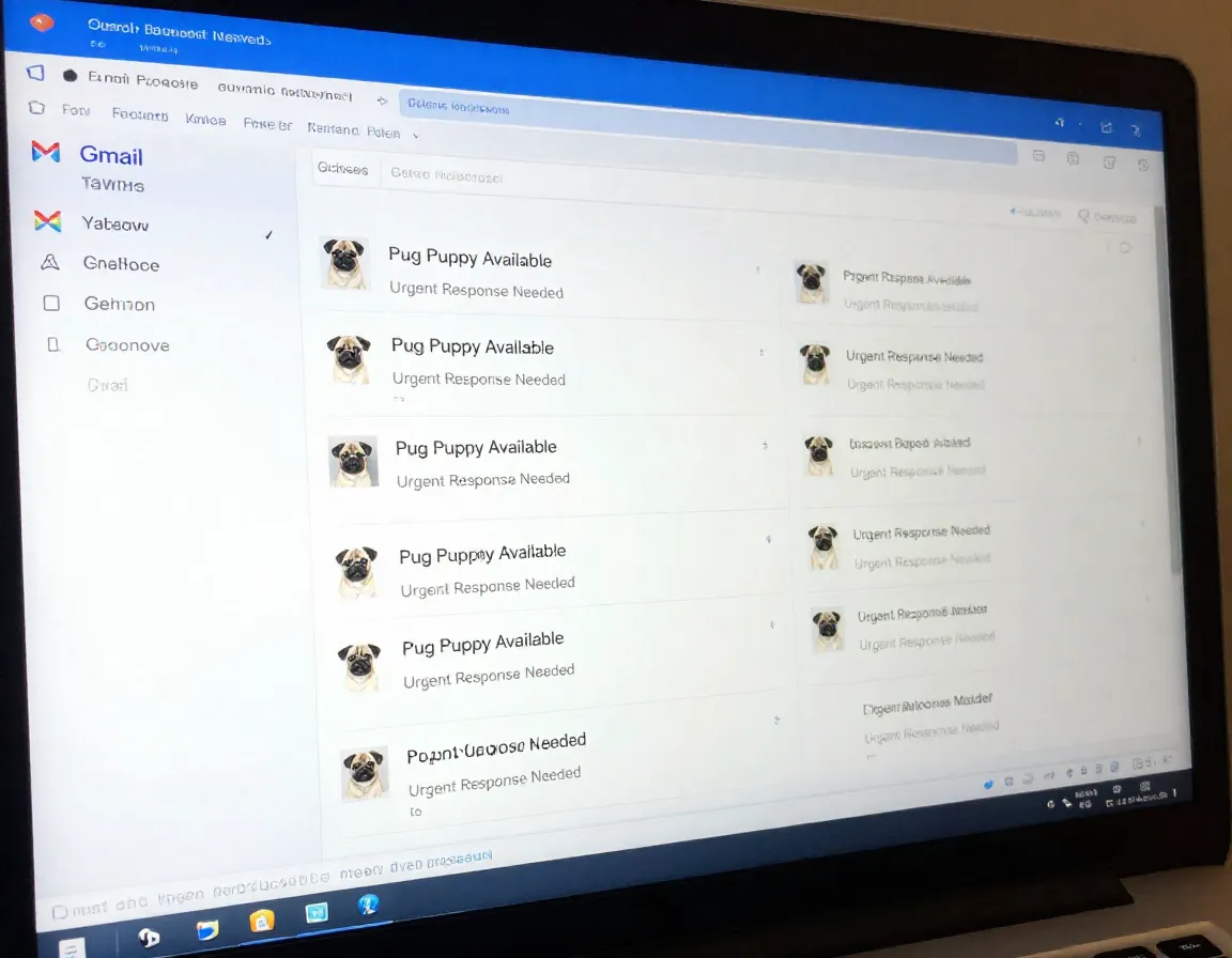 Computer screen with inbox full of suspicious pug puppy emails