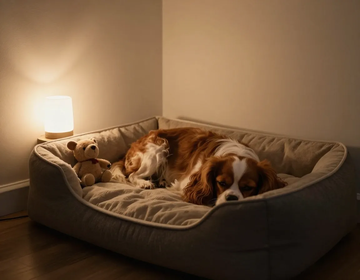 Cozy overnight boarding room with a dog bed and personal belongings at night