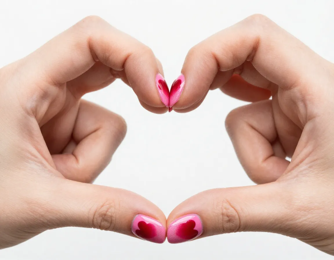 Romantic heart shaped cat eye nail art on fingers making heart gesture