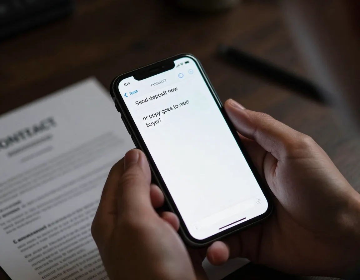 Hand holding phone with high pressure deposit text message