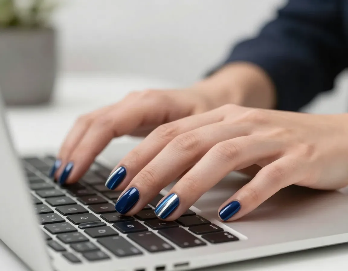 Navy blue cat eye manicure with silver magnetic stripe professional look