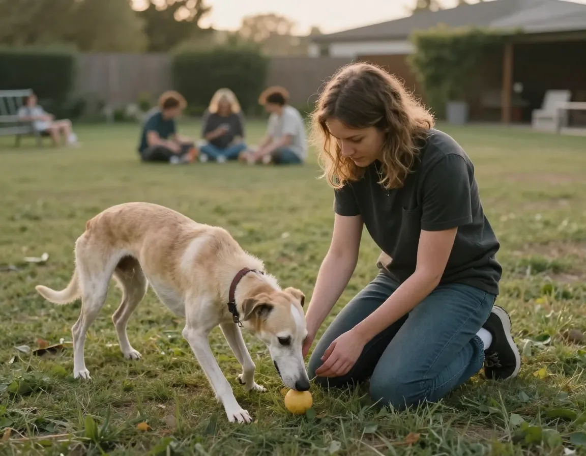 Staff member engaging in one on one playtime with a shy dog in a quiet yard