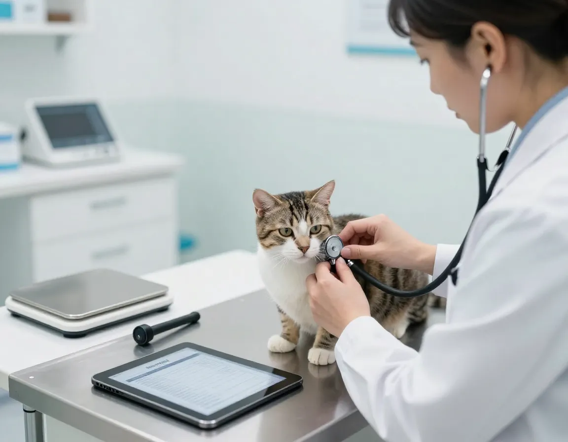 Veterinarian conducting a health check on a cat in an on site clinic
