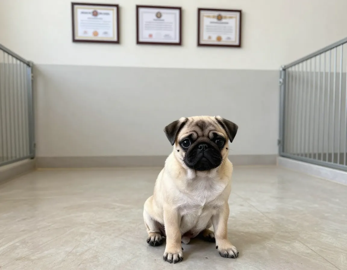 Single pug puppy alone in clean pen with no mother or papers