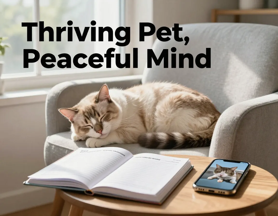 Content cat sleeping sunlit chair with pet sitter logbook and phone