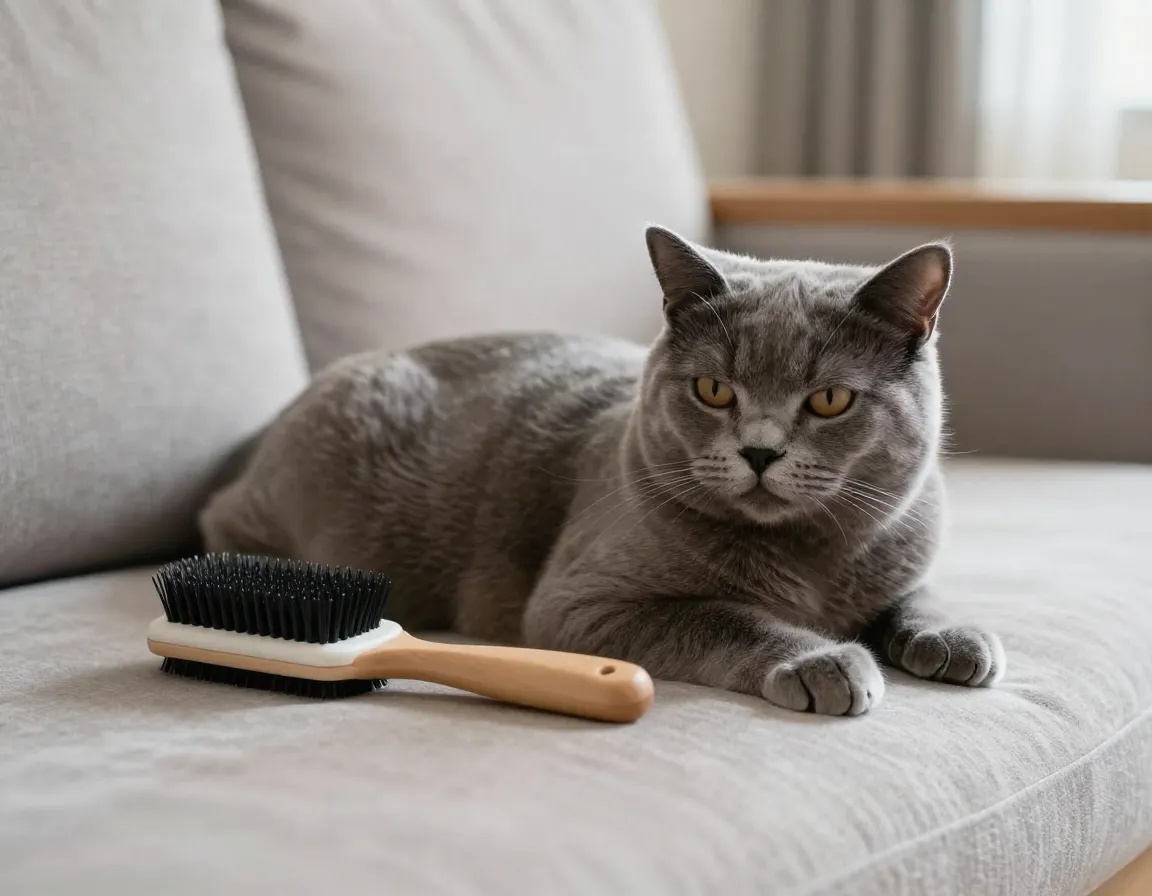 Well groomed cat relaxing on plush sofa with brush nearby