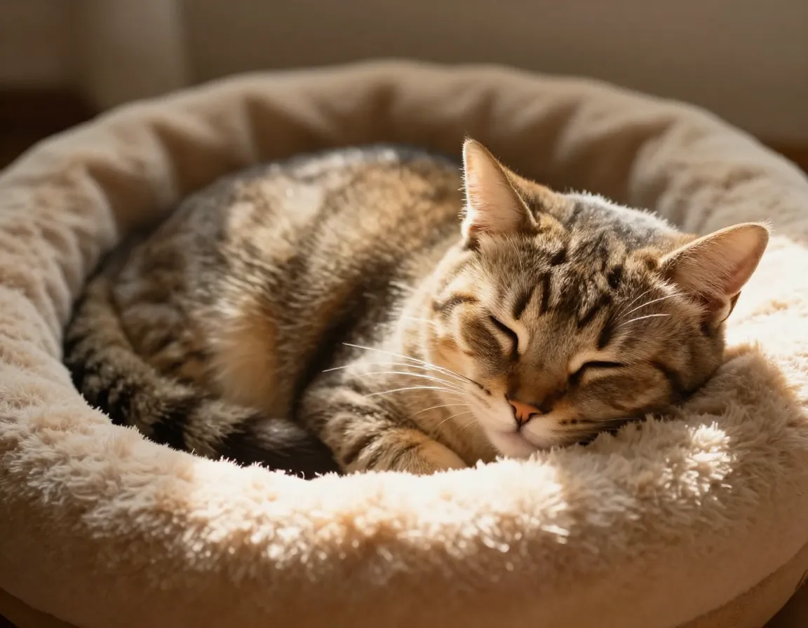Content cat sleeping deeply in a sunlit cat bed
