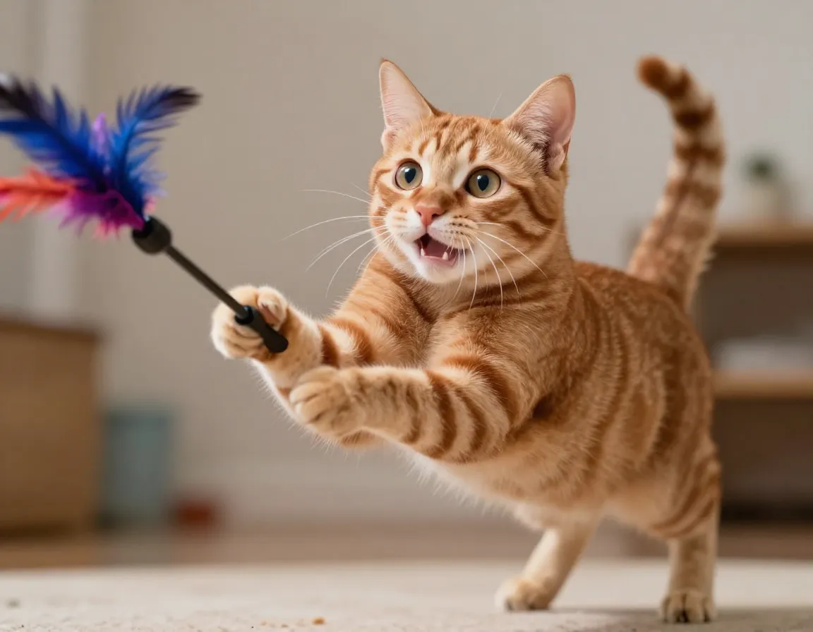 Tabby cat dilated pupils pouncing feather wand toy