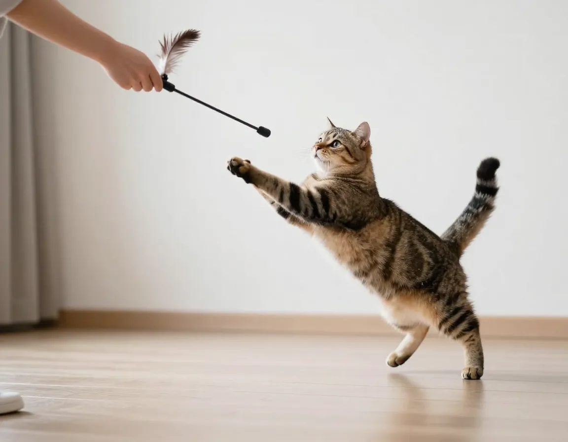 Playful cat pouncing on a wand toy held by a person