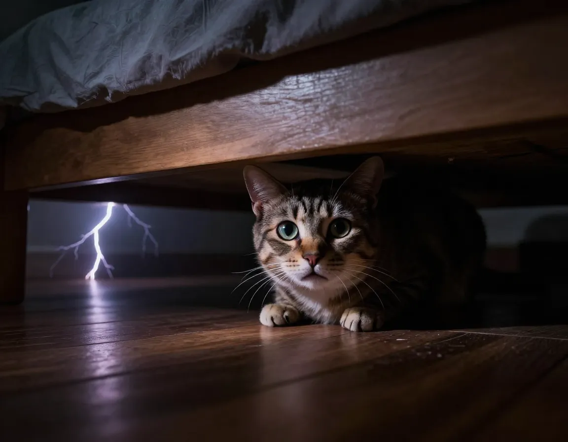 Scared cat dilated eyes hiding under bed thunderstorm